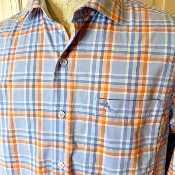 EUC Men's Tommy Bahama Blue Orange White Plaid Button Front Shirt Size MEDIUM - Picture 2 of 3
